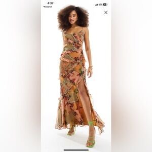 cami bias maxi dress with ruffles with patched lace in mixed floral print